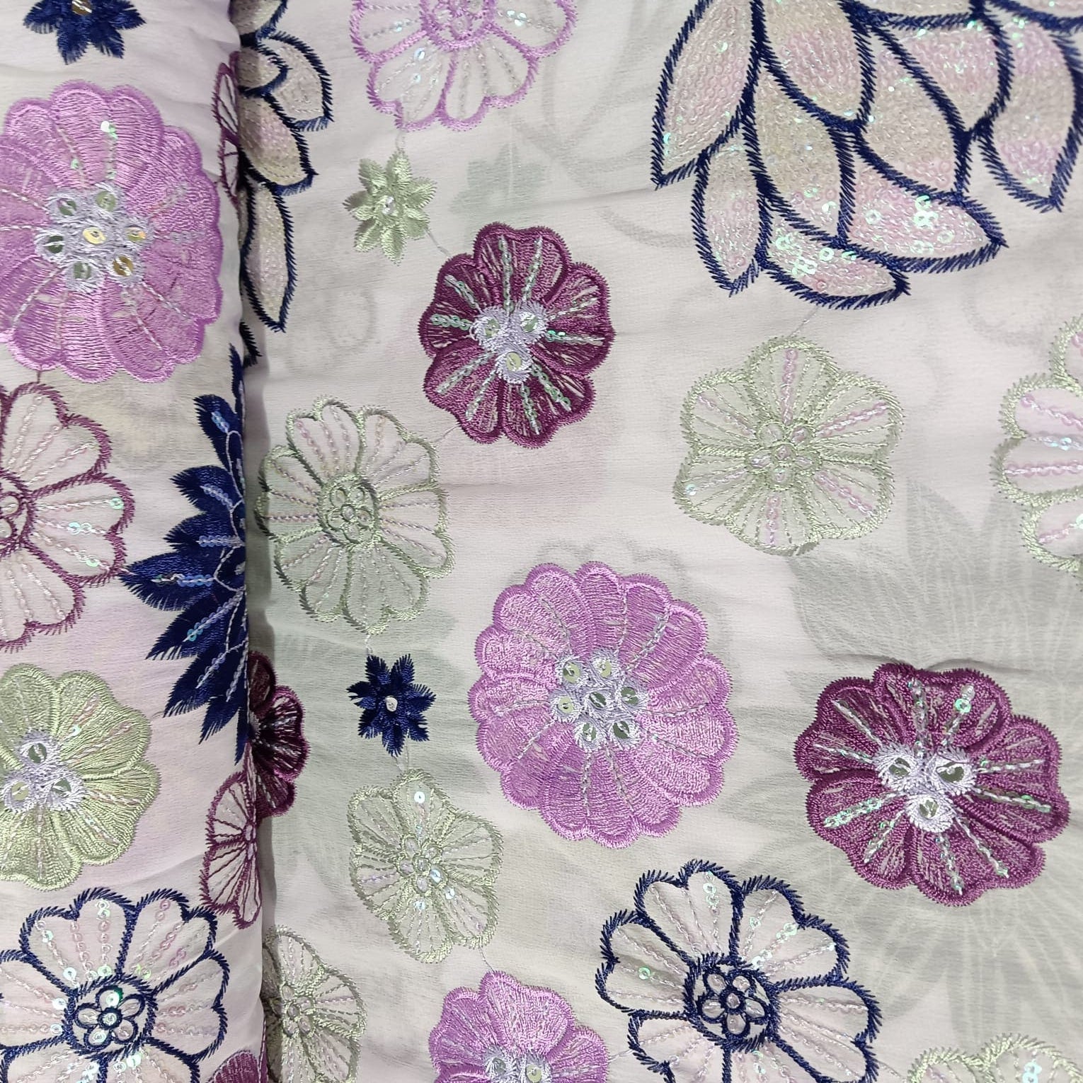 Lavender Floral Sequence Embroidery Georgette Fabric 12964