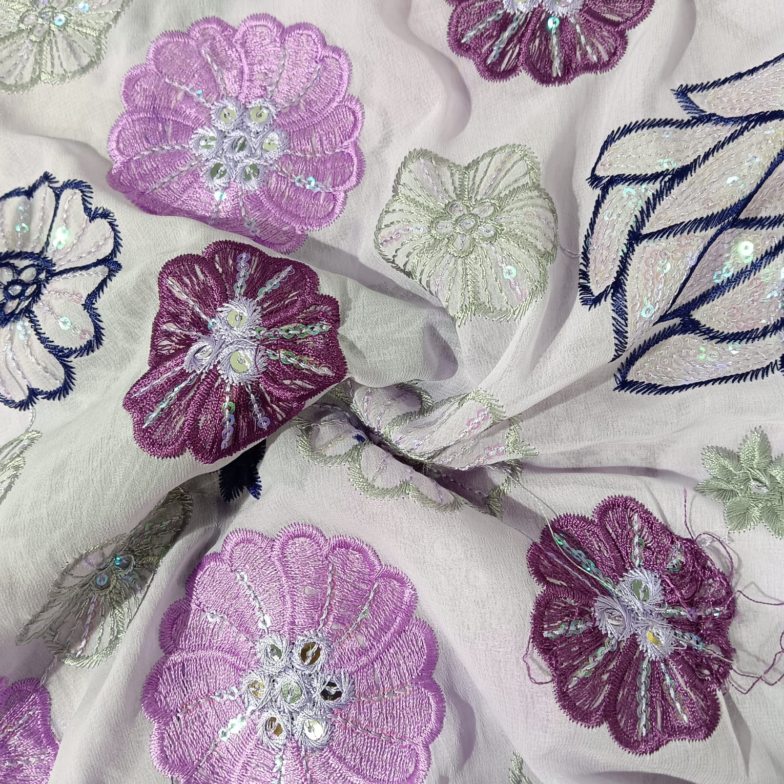Lavender Floral Sequence Embroidery Georgette Fabric 12964