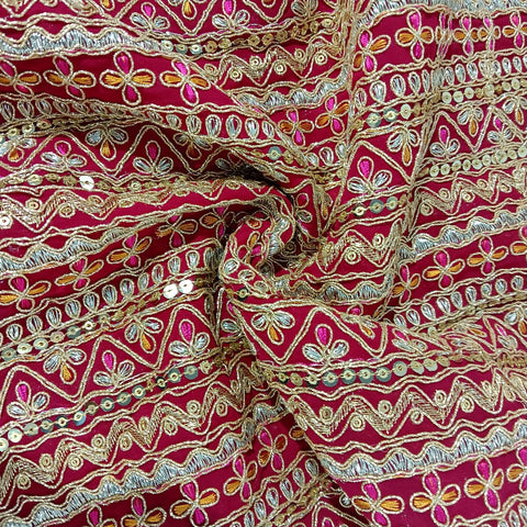 Classic Magenta Pink Zari Sequins Embroidery Georgette Fabric 14863
