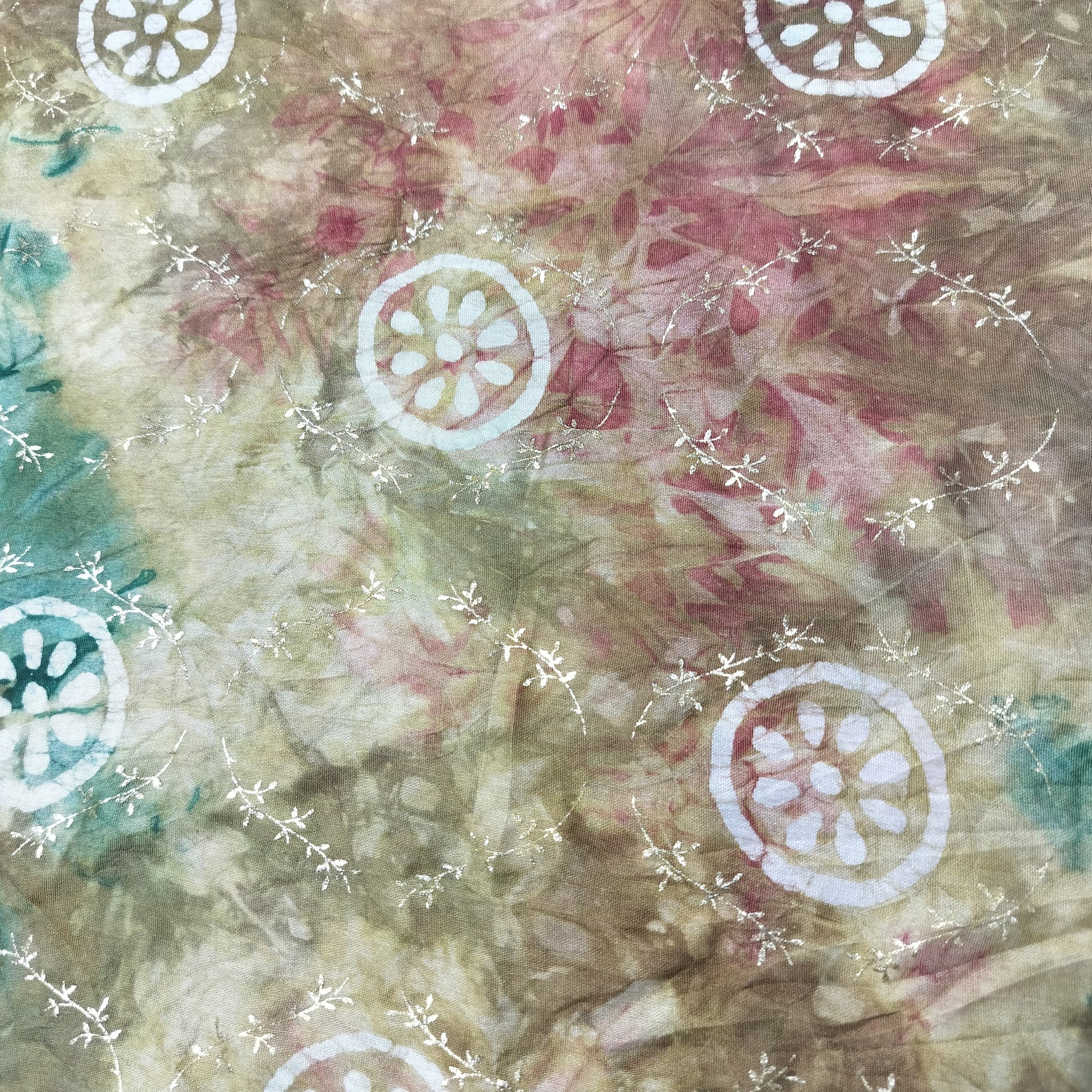 Olive Green Batik Foil Print Chanderi Fabric 15517