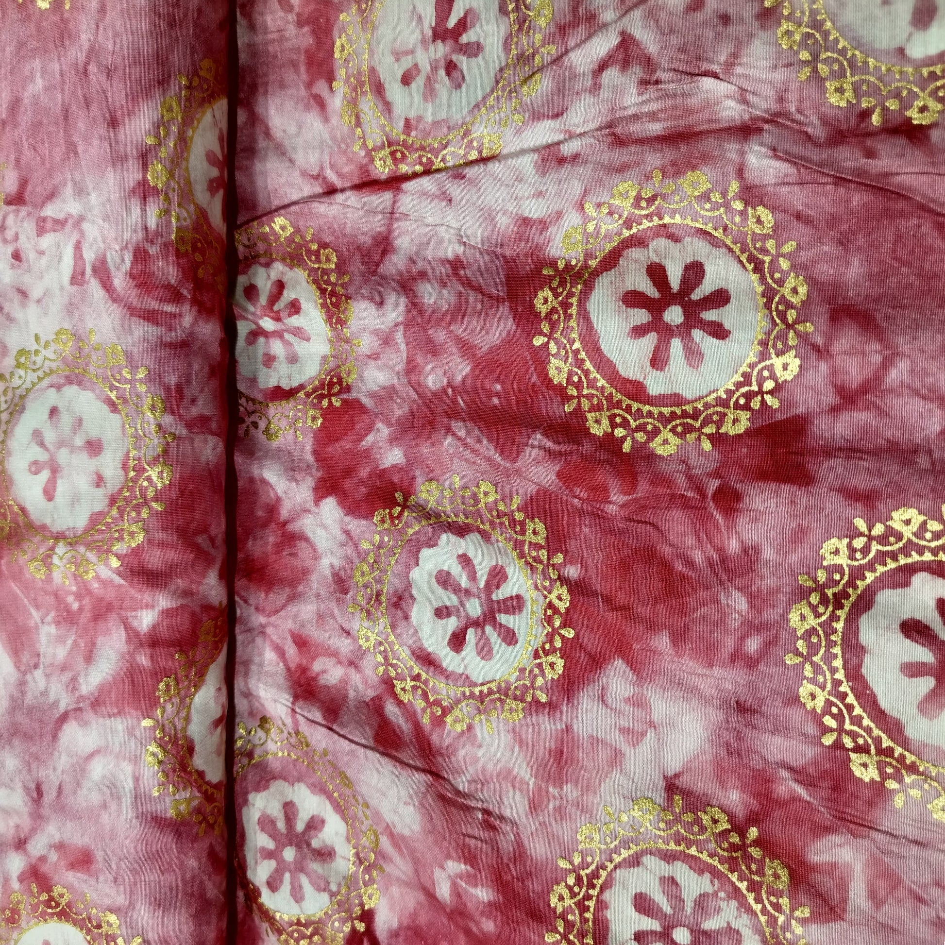 Pink Buti Batik Foil Print Chanderi Fabric 15515