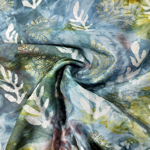 Blue Multicolor Batik Foil Print Chanderi Fabric 15508