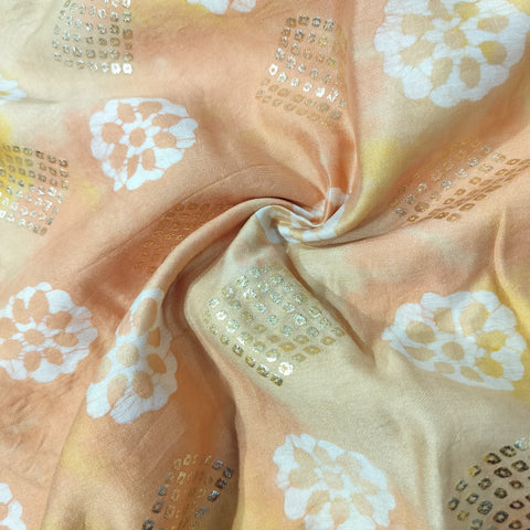 Light Orange Batik Foil Print Chanderi Fabric 15511