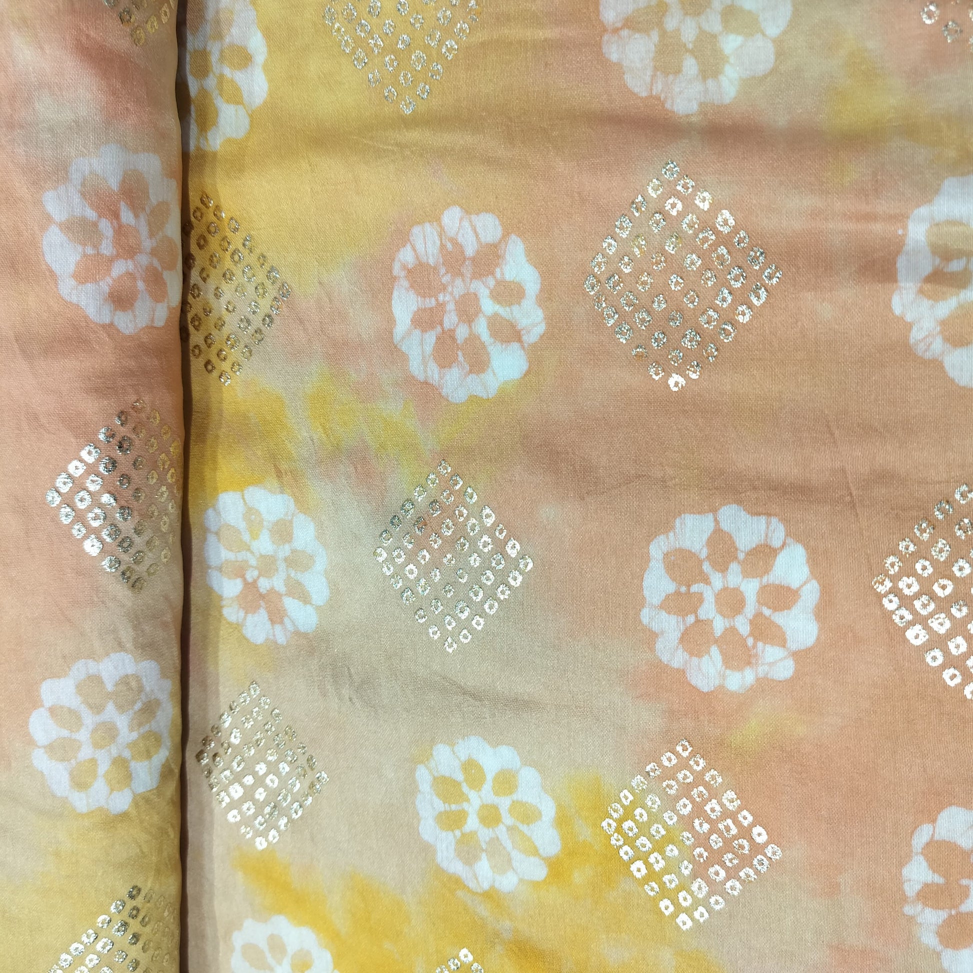 Light Orange Batik Foil Print Chanderi Fabric 15511
