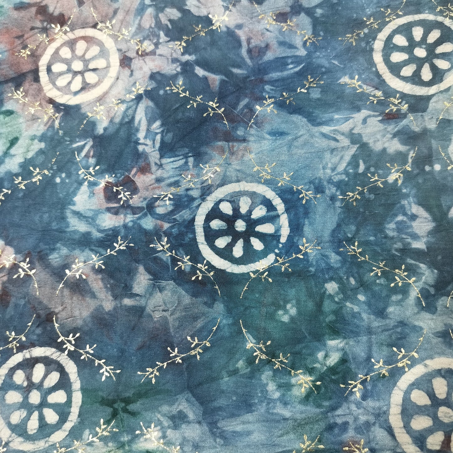 Teal Blue Batik Foil Print Chanderi Fabric 15516