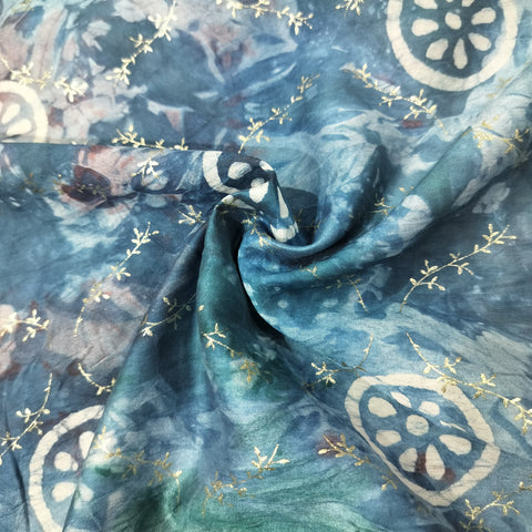 Teal Blue Batik Foil Print Chanderi Fabric 15516