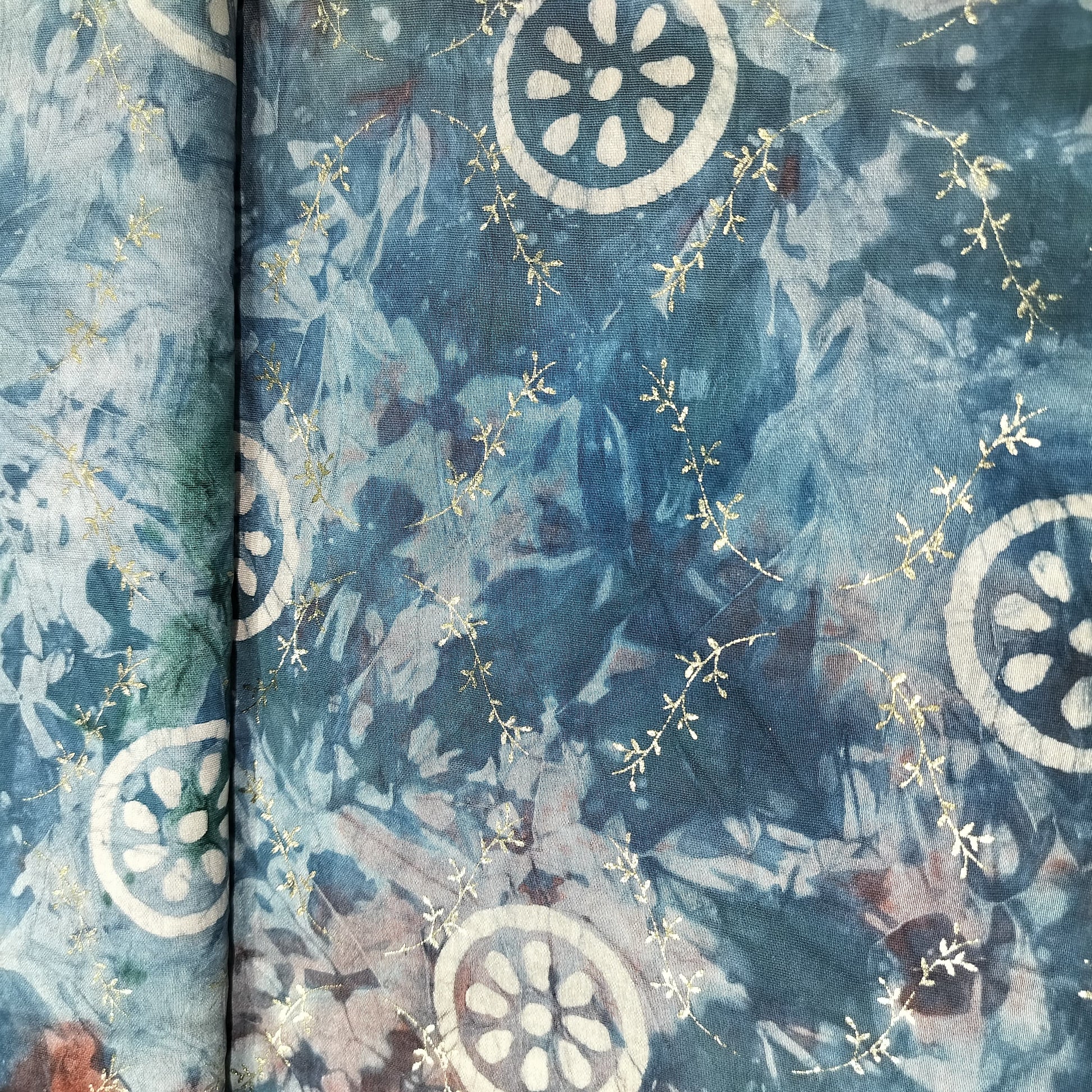 Teal Blue Batik Foil Print Chanderi Fabric 15516