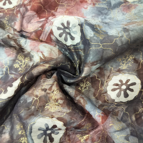 Grey Buti Batik Foil Print Chanderi Fabric 15519