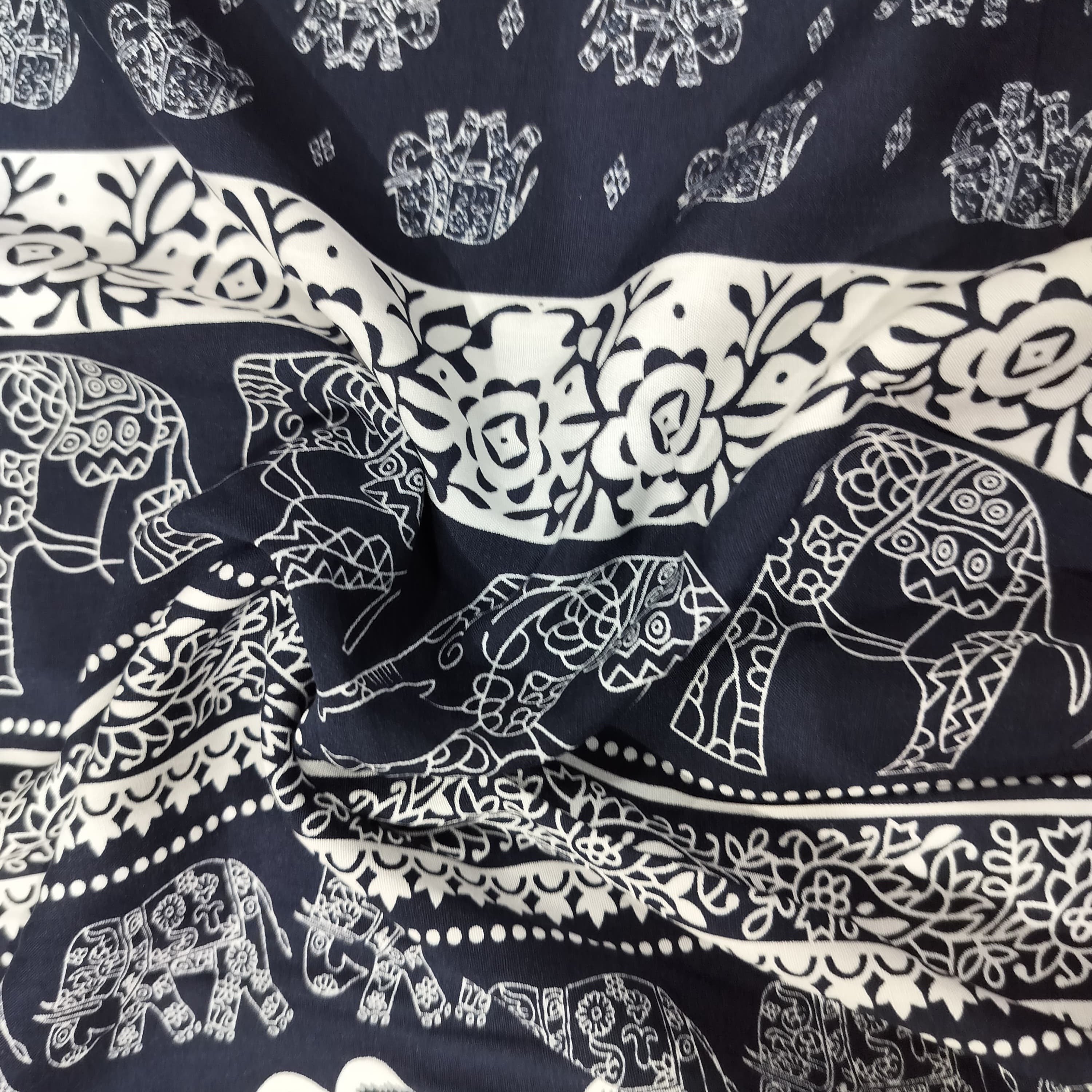Navy Blue Tropical Print Rayon Fabric 17337