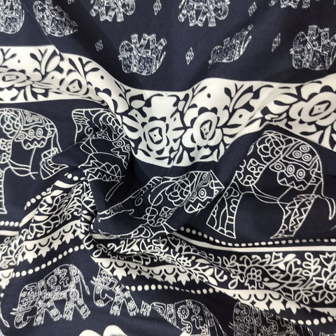 Navy Blue Tropical Print Rayon Fabric 17337