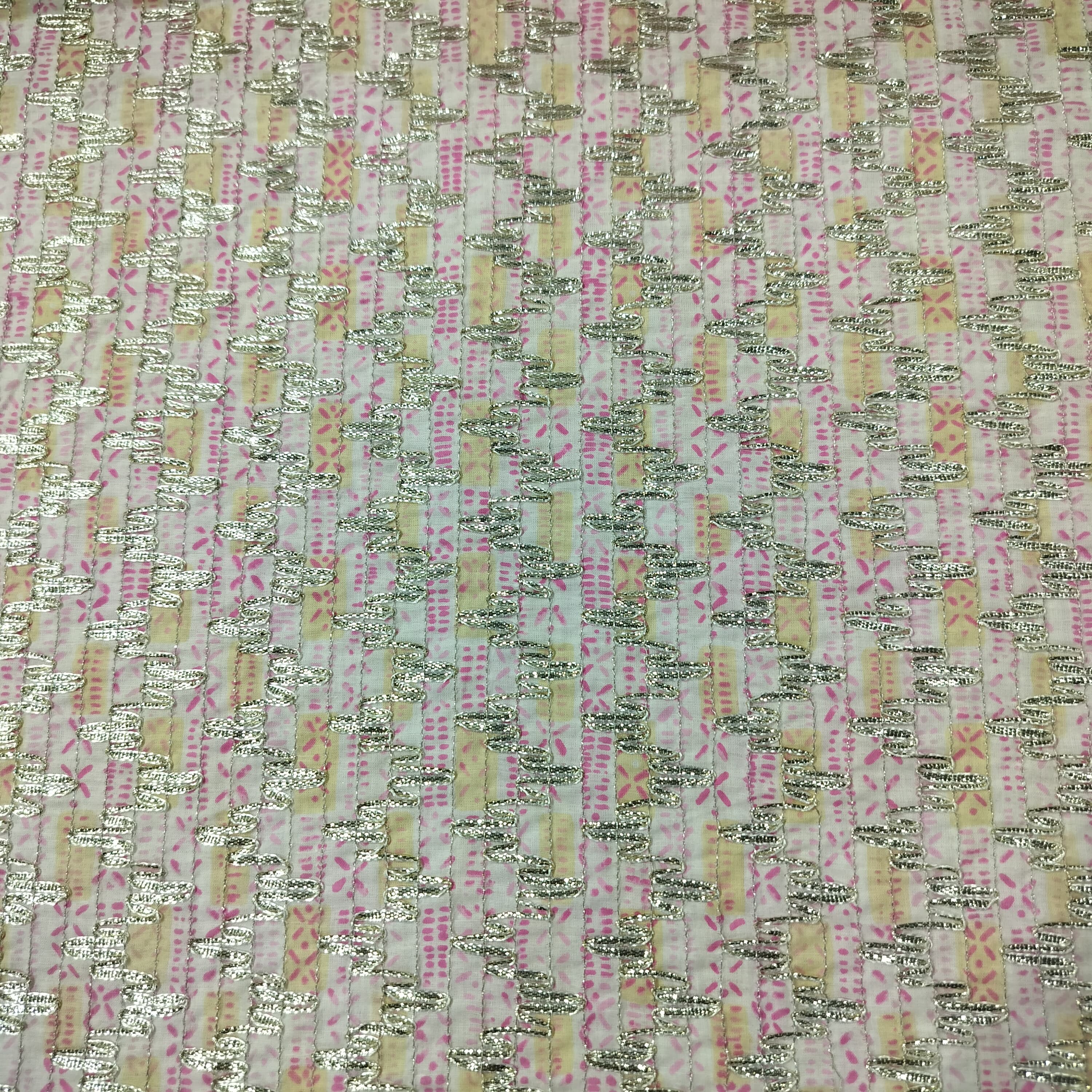 Pink Floral Print Gota Work Cambric Cotton Fabric 15936