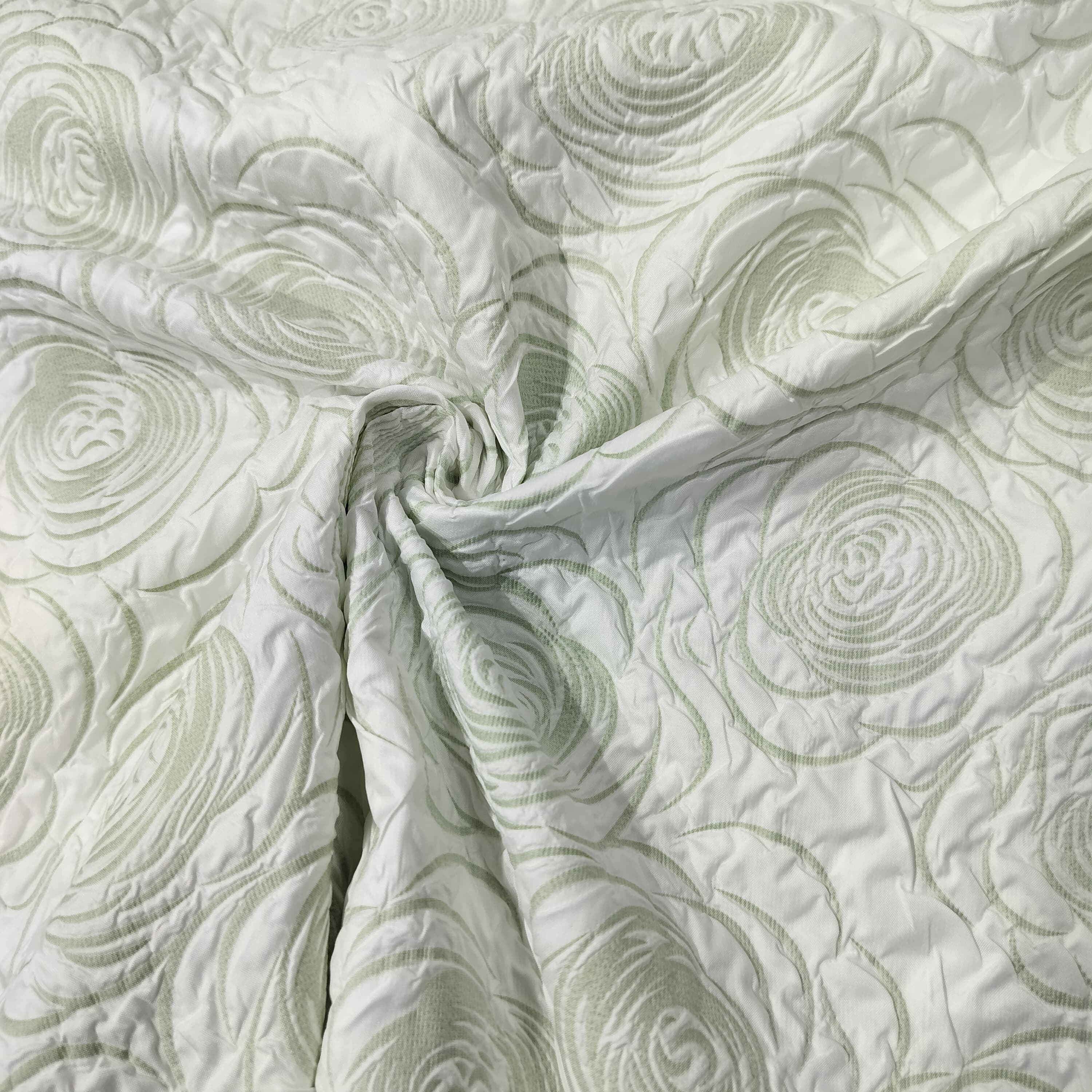 White & Green Floral Print Satin Fabric 11192
