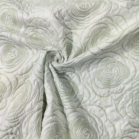 White & Green Floral Print Satin Fabric 11192