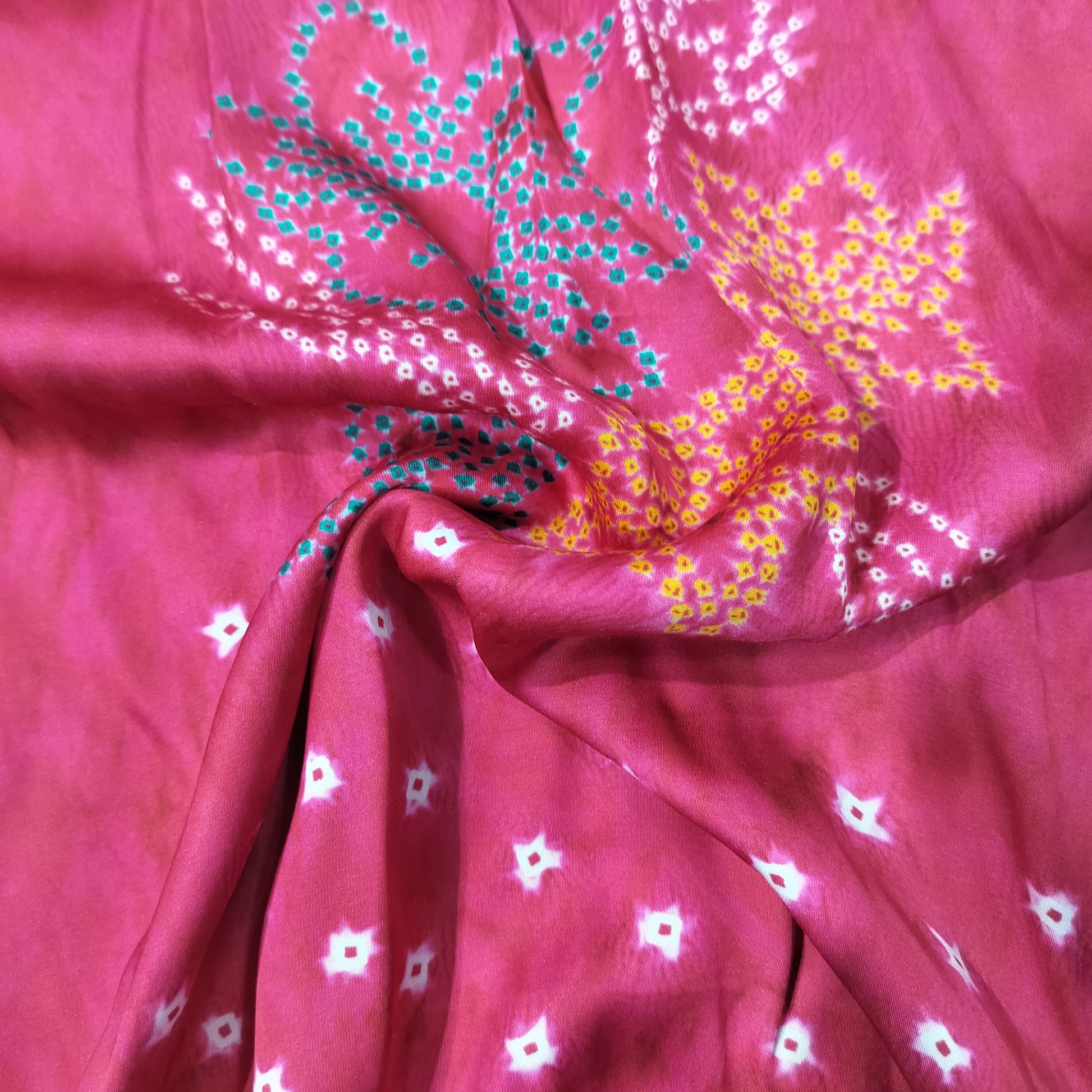 Pink Bandhani Print Bemberg Gaji Silk Fabric 18017