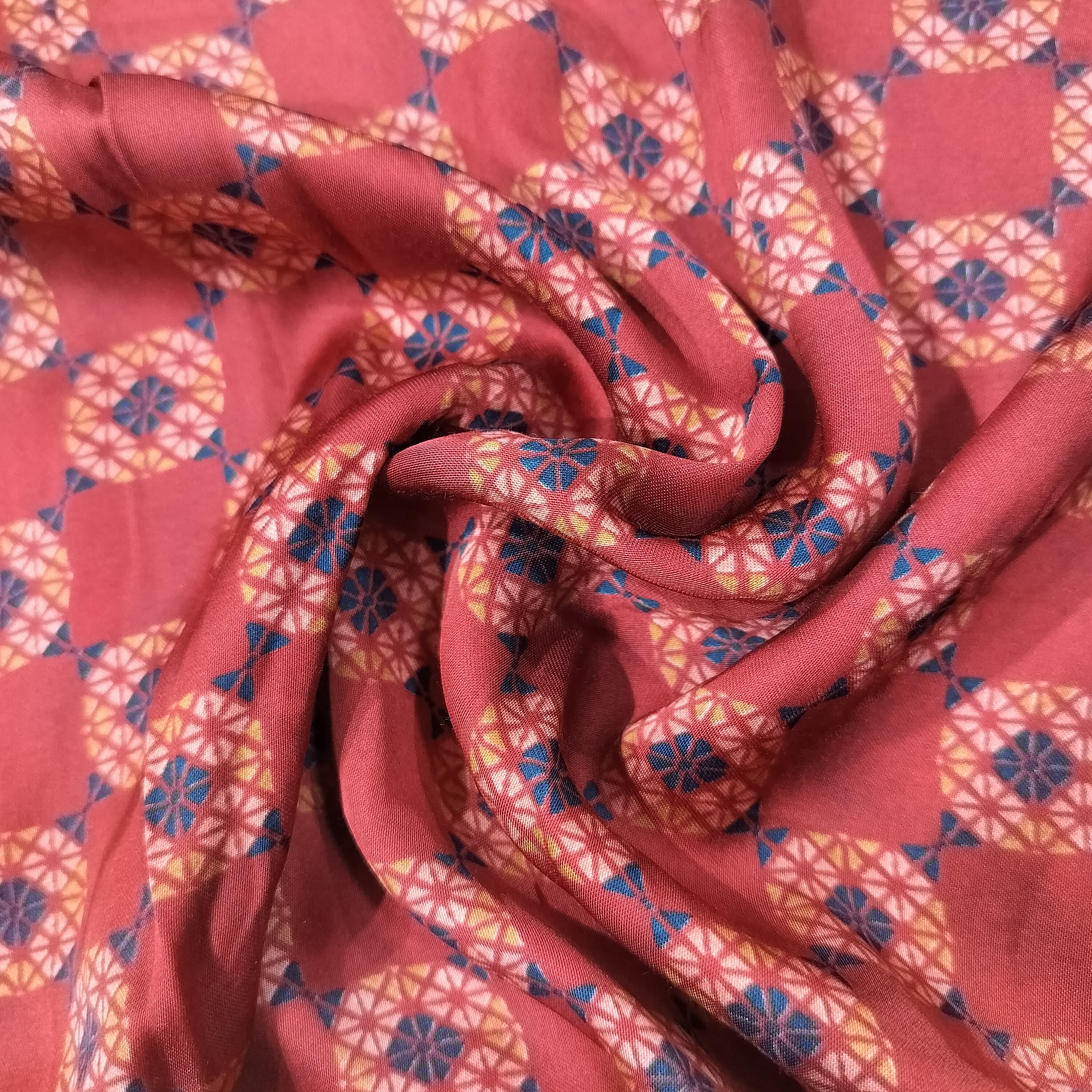 Brick Red Traditional Print Bemberg Gajji Silk Fabric 20960