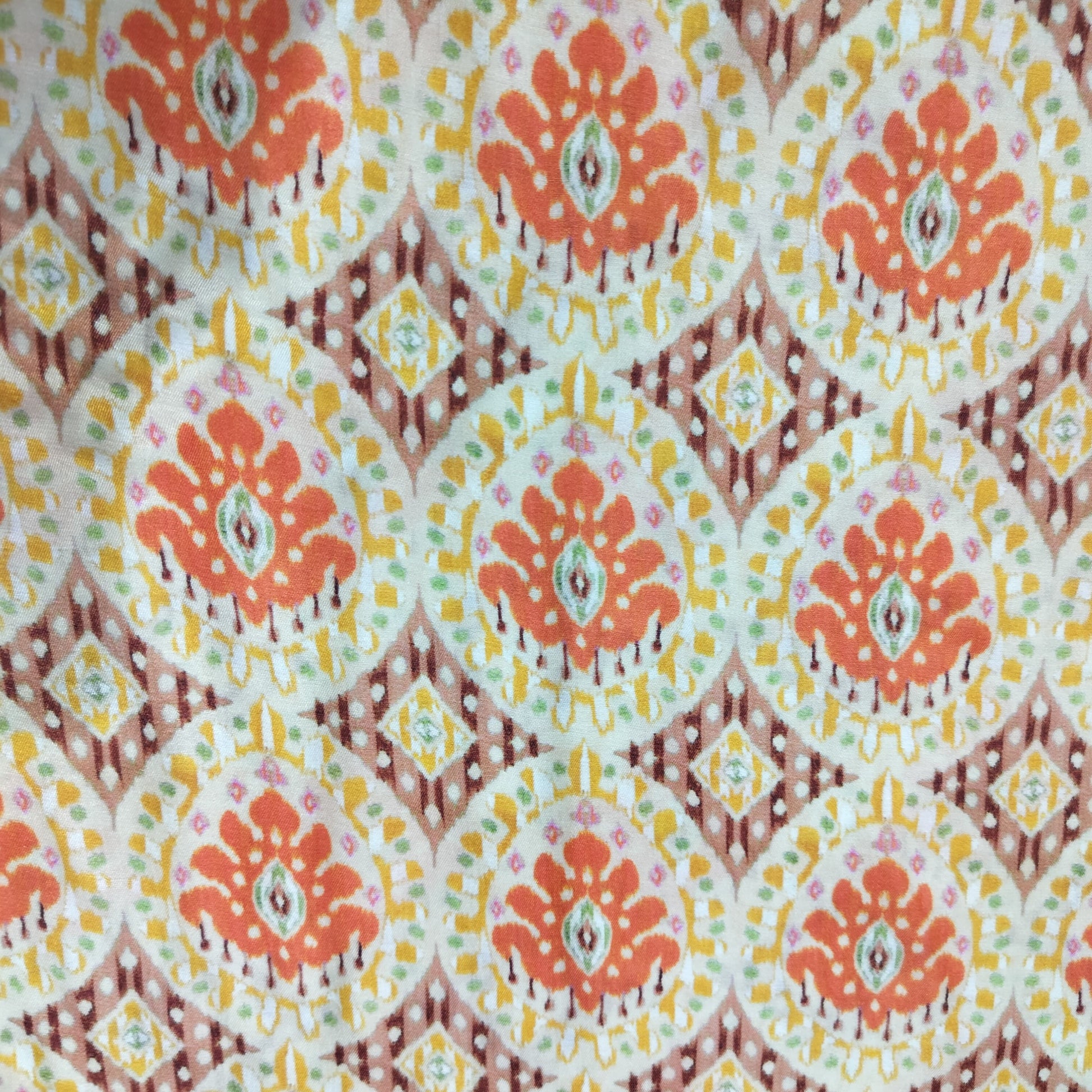 Dark Cream Multicolor Ikkat Print Bemberg Gajji Silk Fabric 15559