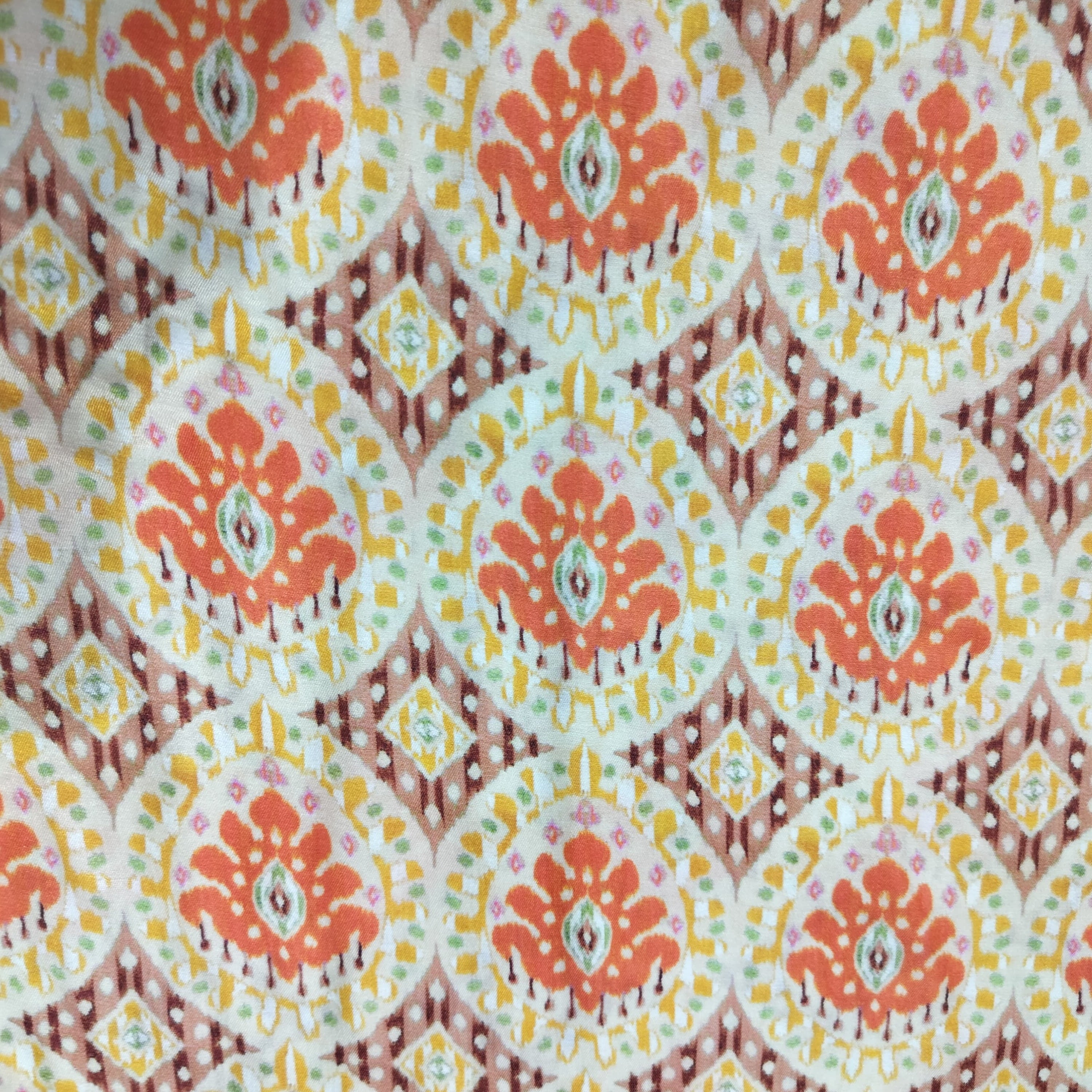 Dark Cream Multicolor Ikkat Print Bemberg Gajji Silk Fabric 15559