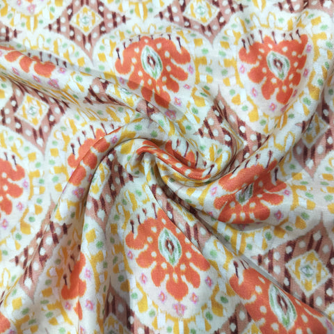 Dark Cream Multicolor Ikkat Print Bemberg Gajji Silk Fabric 15559