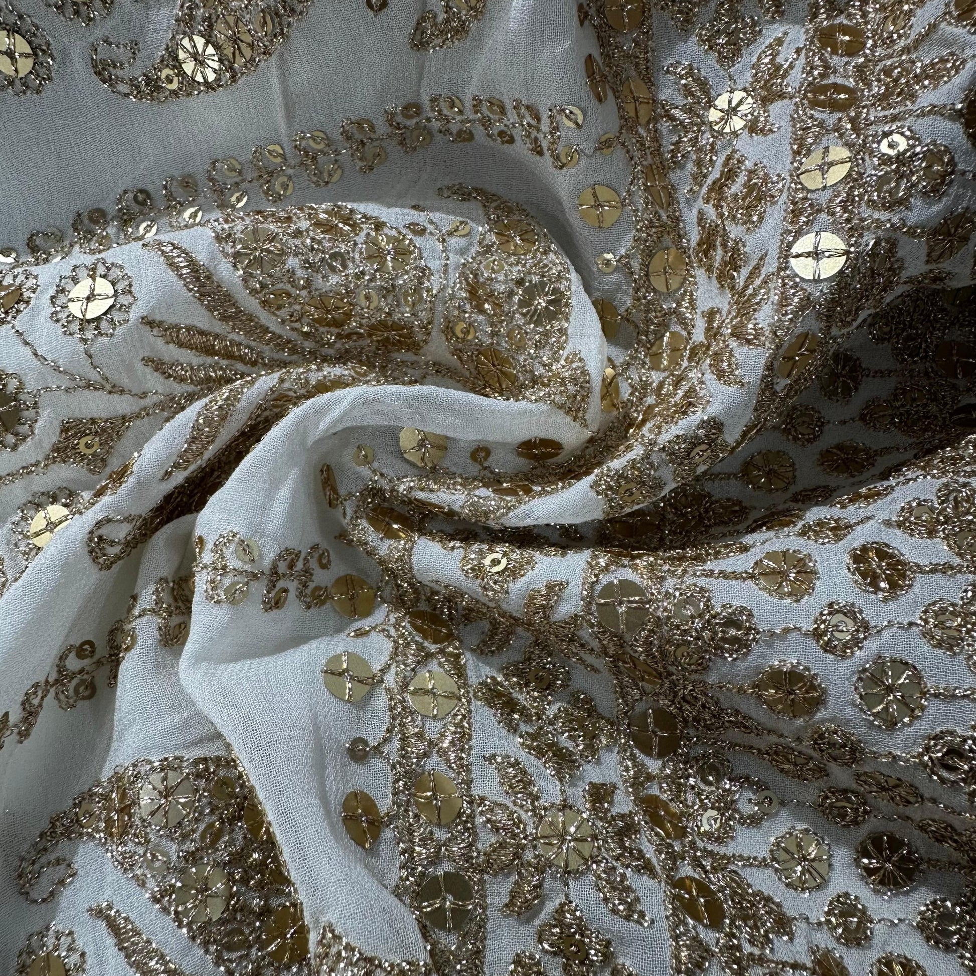 White Traditional Sequins Embroidery Georgette Fabric 15293