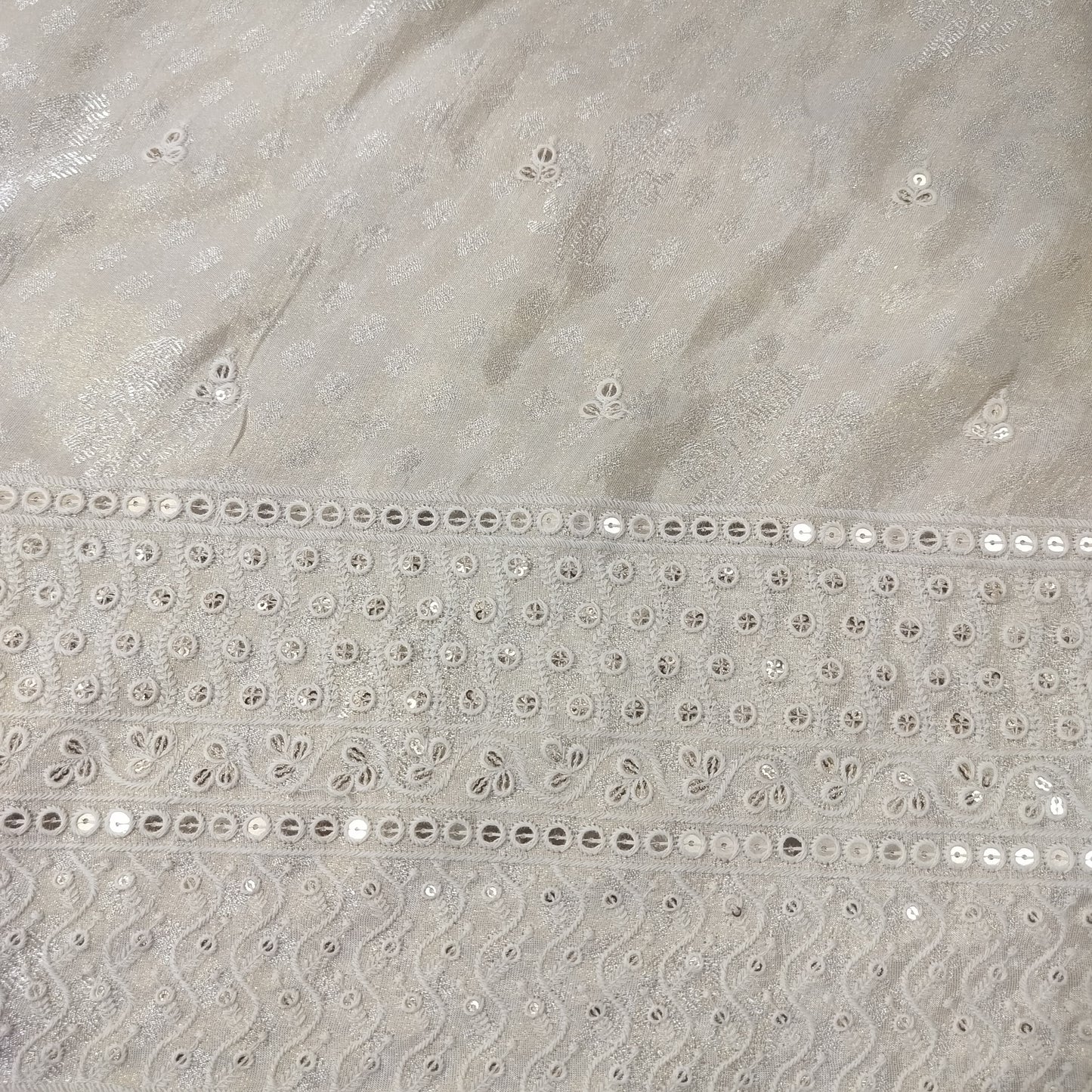 Dull Gold Buti Thread Sequins Border Embroidery Viscose Tissue Fabric 15892