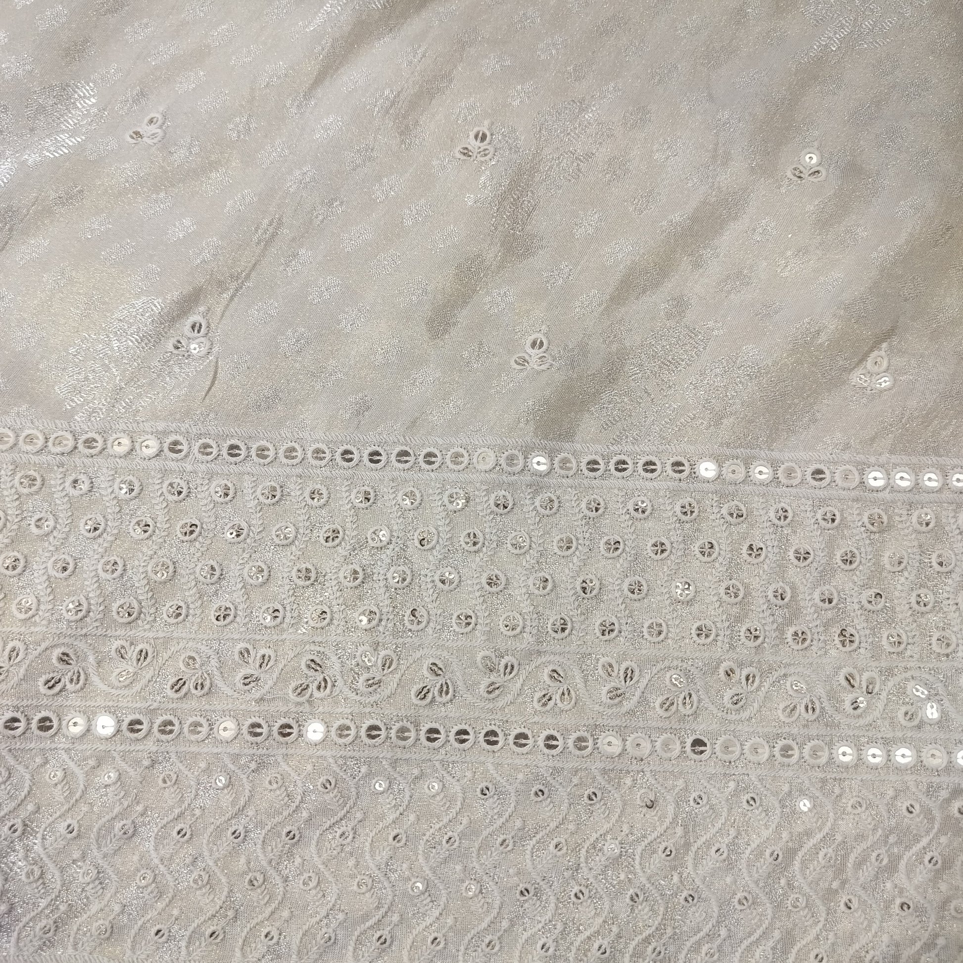 Dull Gold Buti Thread Sequins Border Embroidery Viscose Tissue Fabric 15892