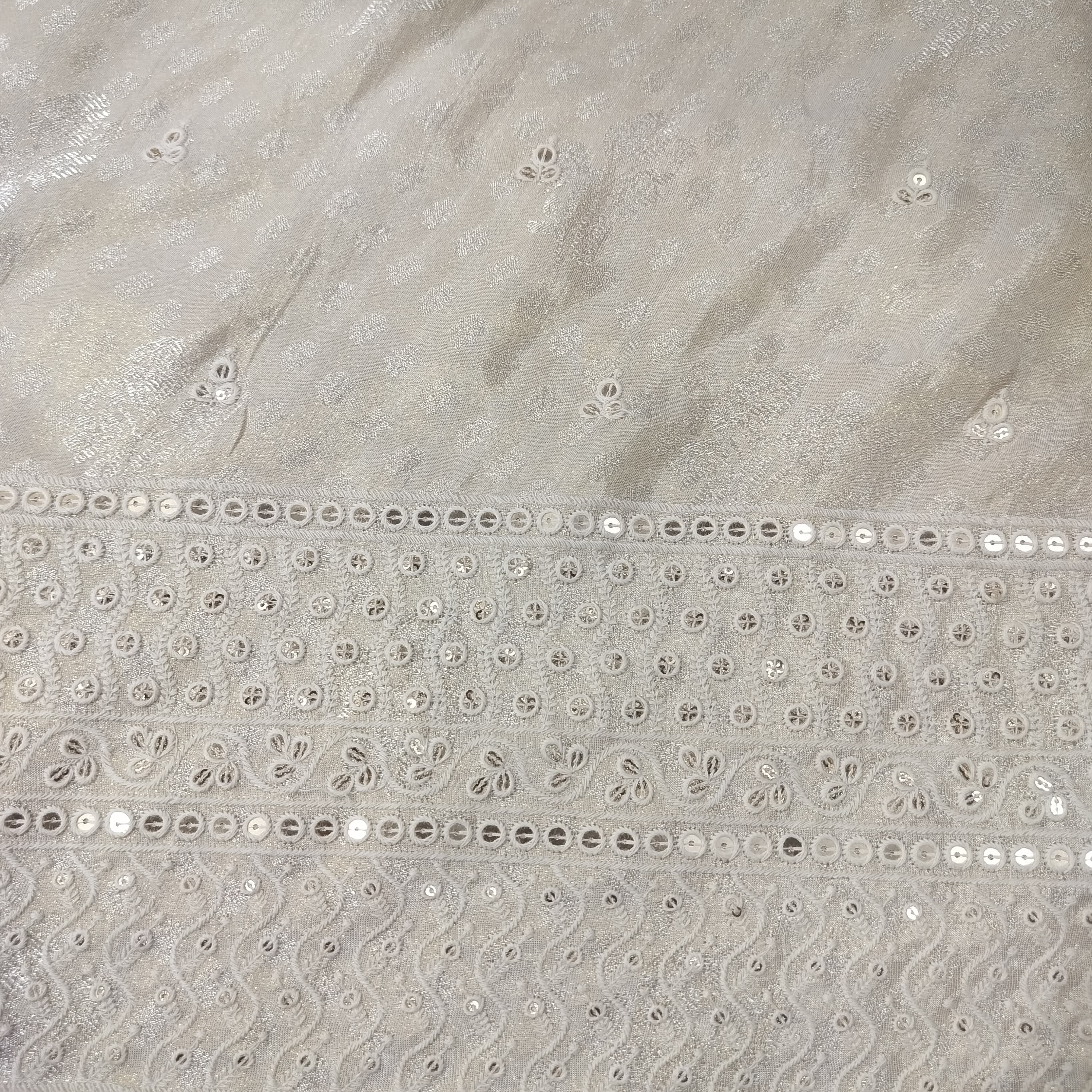 Dull Gold Buti Thread Sequins Border Embroidery Viscose Tissue Fabric 15892
