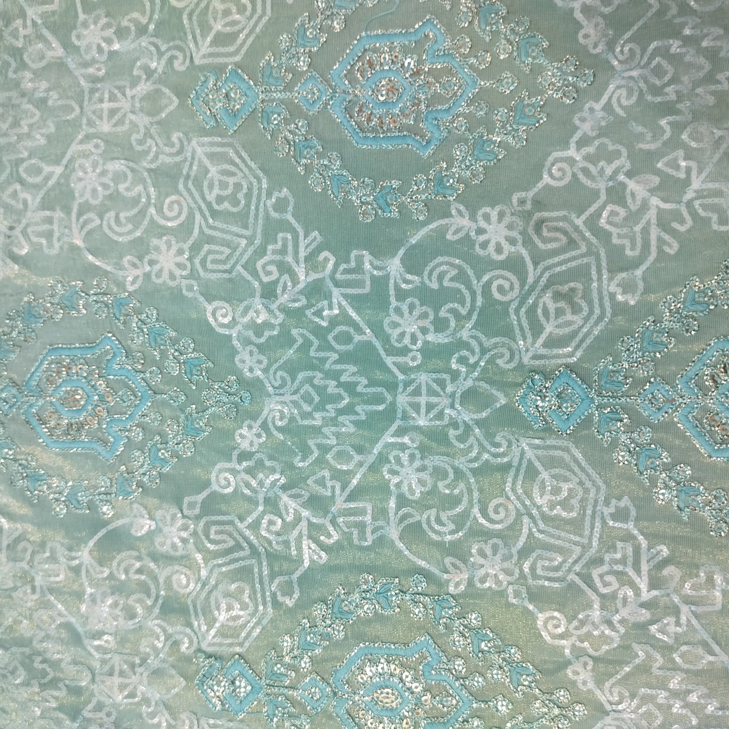 Sky Blue Geometrical Sequins Embroidery Dyeable Tissue Fabric 16255
