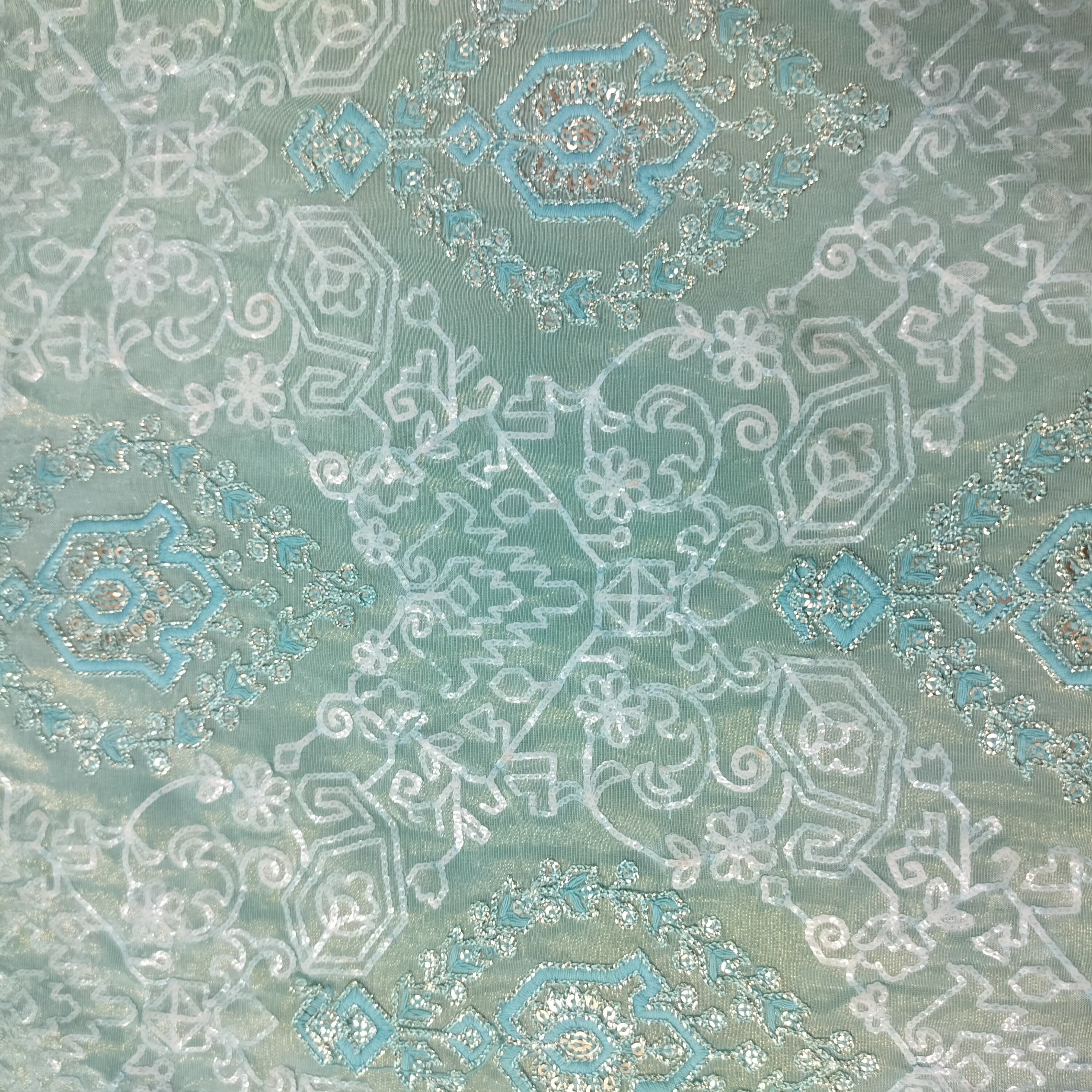 Sky Blue Geometrical Sequins Embroidery Dyeable Tissue Fabric 16255