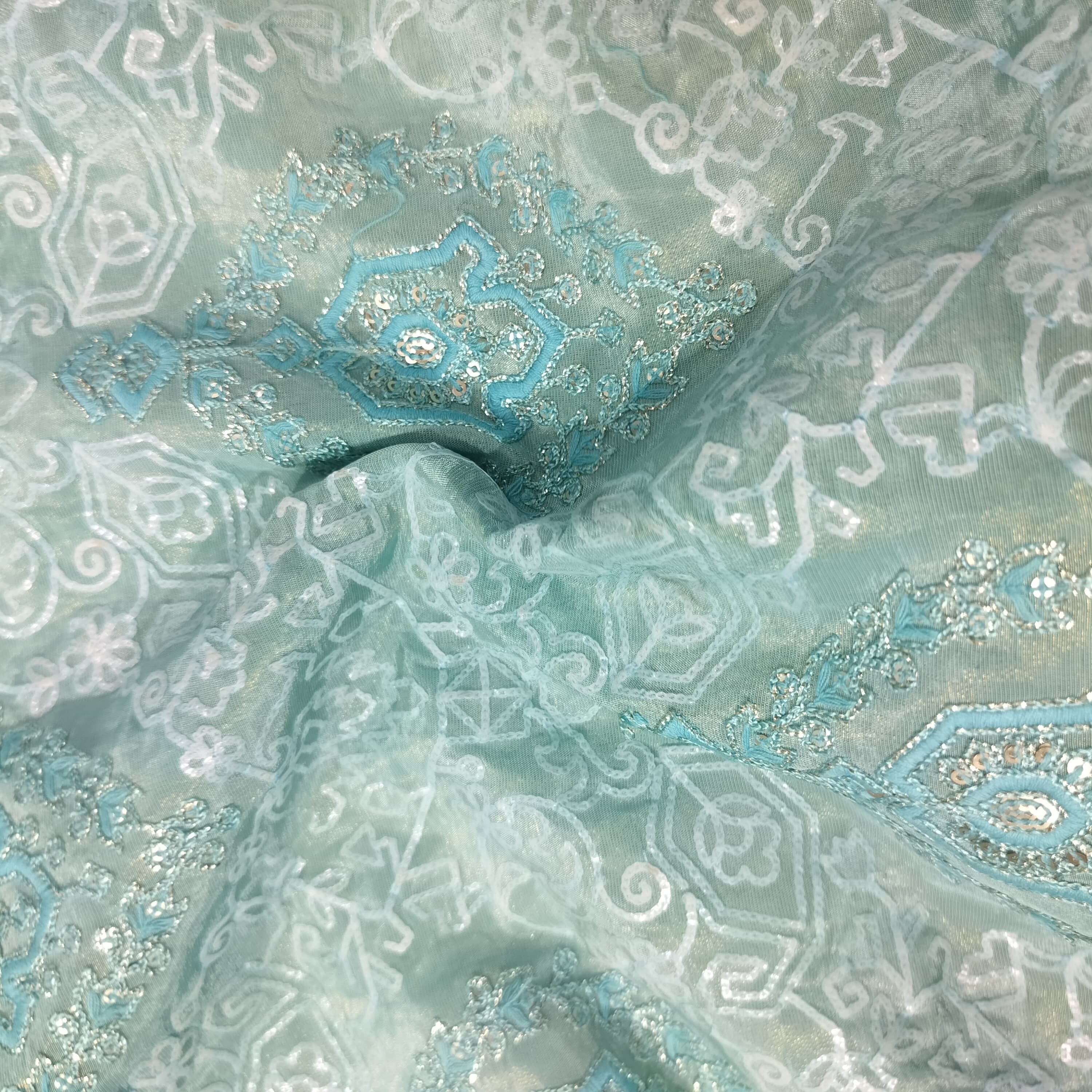 Sky Blue Geometrical Sequins Embroidery Dyeable Tissue Fabric 16255