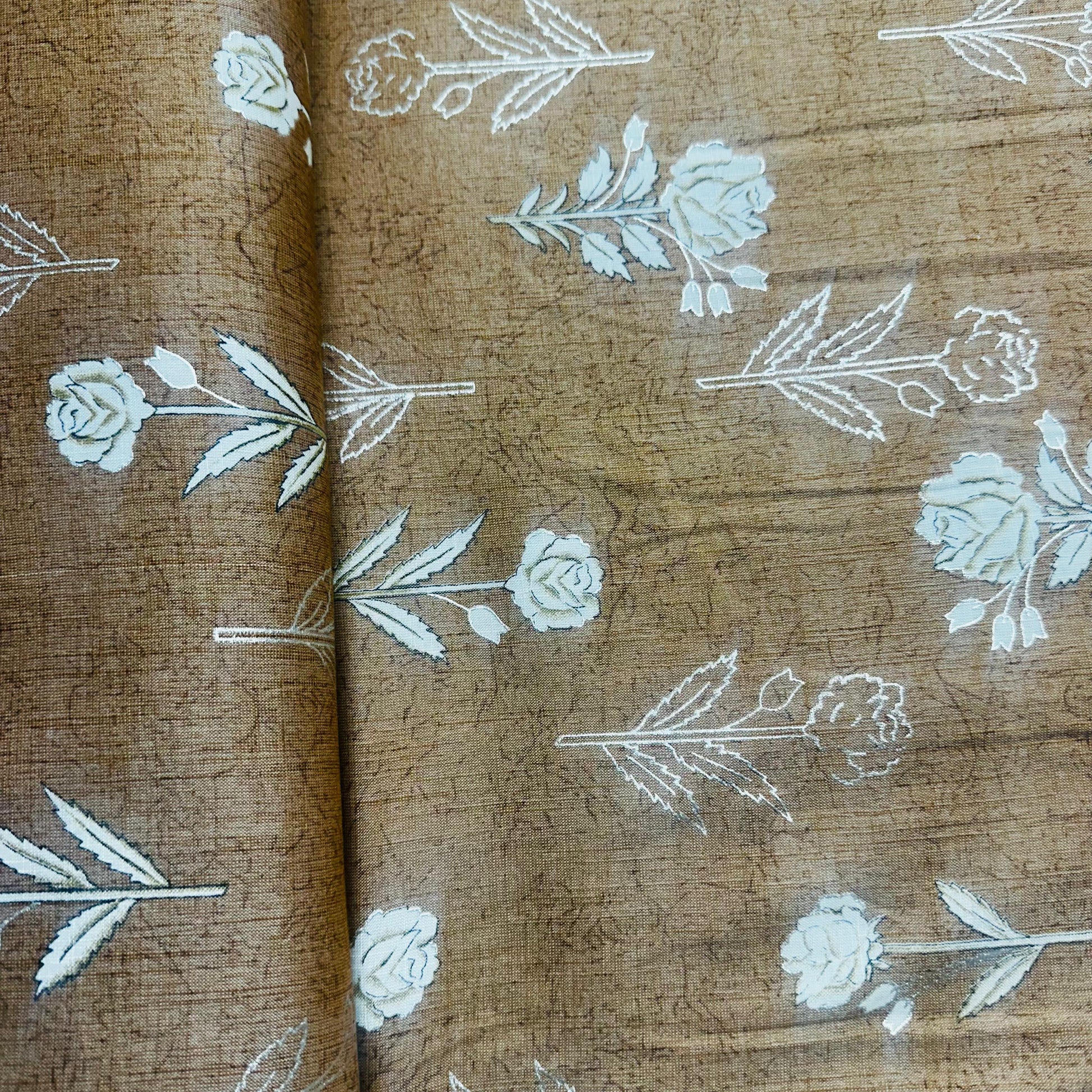 Brown Floral With Foil Print Cotton Slub Fabric 5476