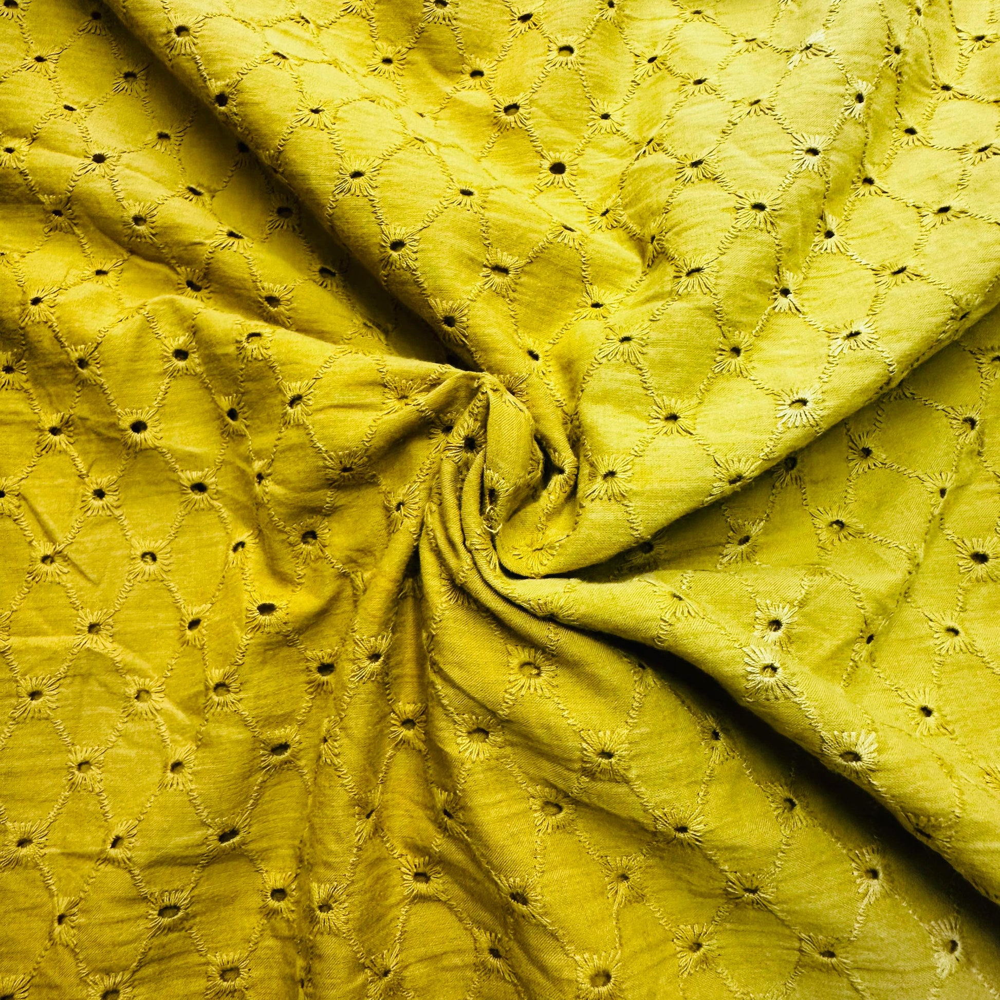 Mustard Yellow Floral Embroidery Cotton Schiffli Fabric