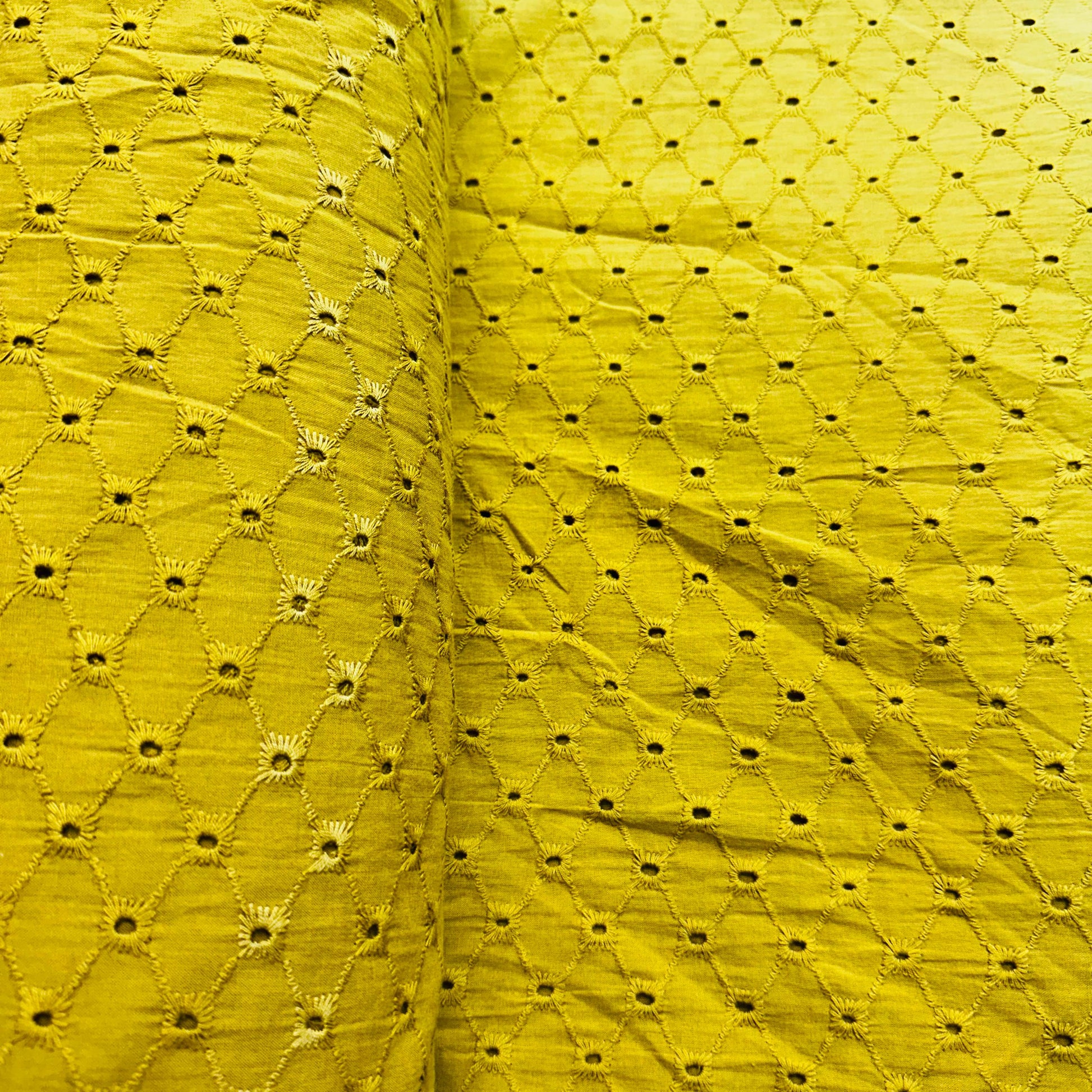 Mustard Yellow Floral Embroidery Cotton Schiffli Fabric