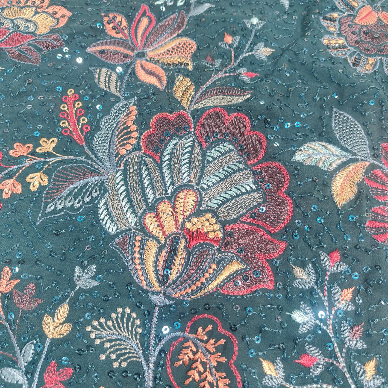 Dark Green Floral Thread Embroidery Georgette Fabric DRAJ-28028