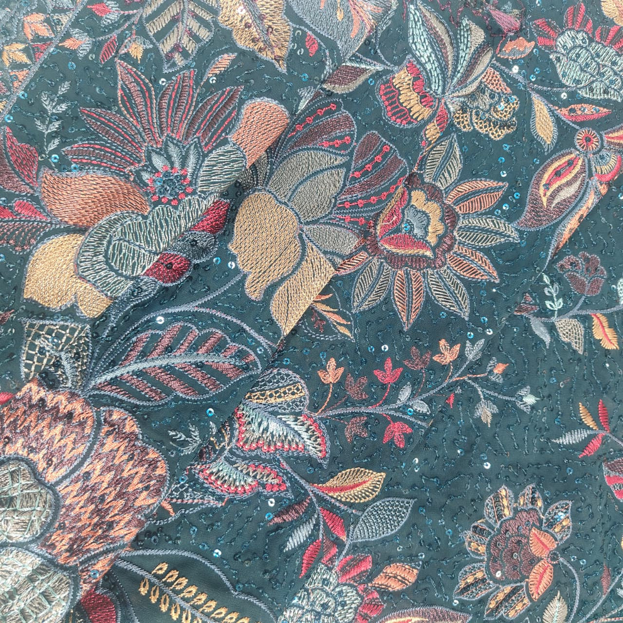 Dark Green Floral Thread Embroidery Georgette Fabric DRAJ-28028