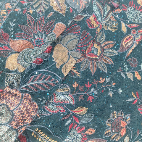 Dark Green Floral Thread Embroidery Georgette Fabric DRAJ-28028