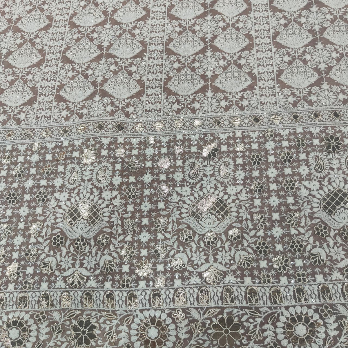 Dark Cream Chikankari Embroidery Georgette Fabric DRAJ-28018
