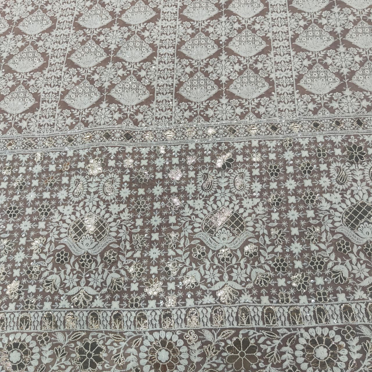 Dark Cream Chikankari Embroidery Georgette Fabric DRAJ-28018