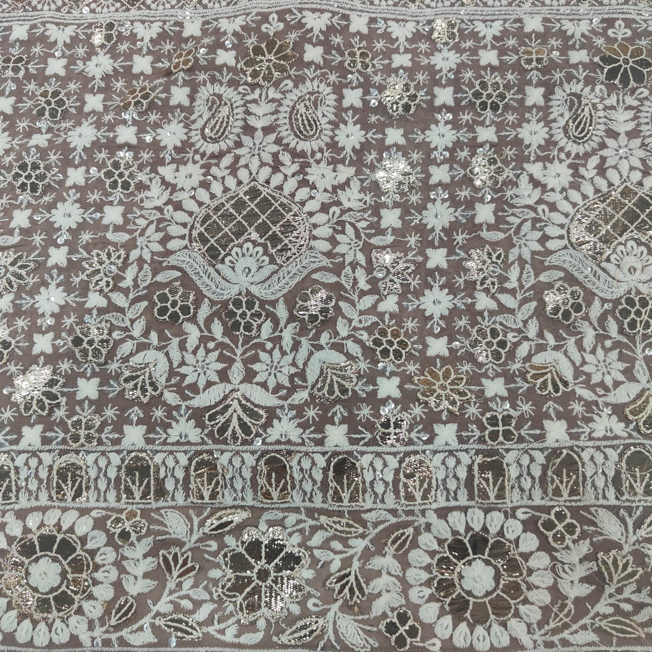 Dark Cream Chikankari Embroidery Georgette Fabric DRAJ-28018