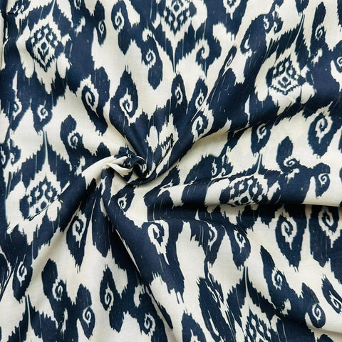 Black Cream ikkat print Cambric Cotton Fabric VC-17377 - TradeUNO