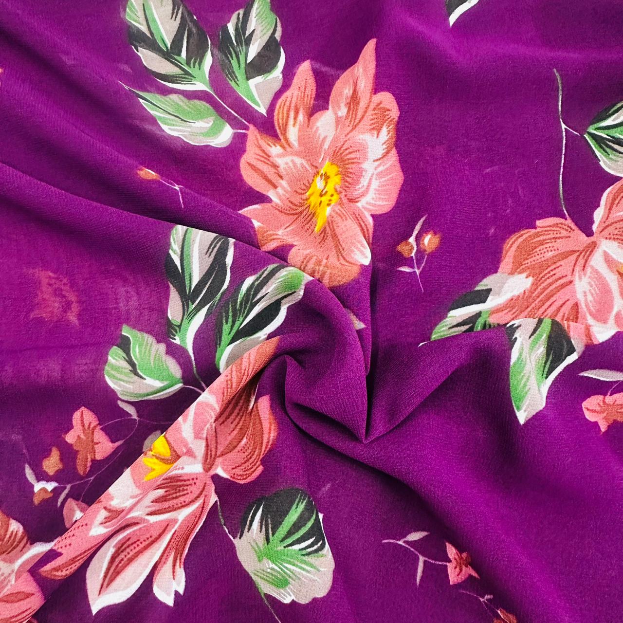 Purple With Pink Floral Print Georgette Fabric TU-7975