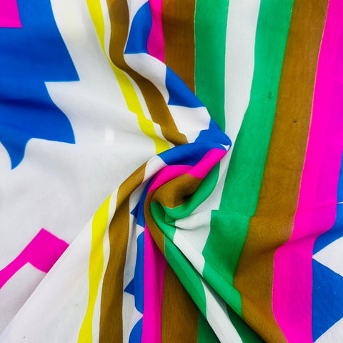 White & Multicolor Stripe Georgette Fabric TU-11815