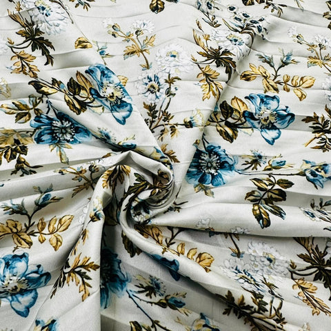 Pink Floral Print Pleated Semi Satin Twill Fabric Tu-5075