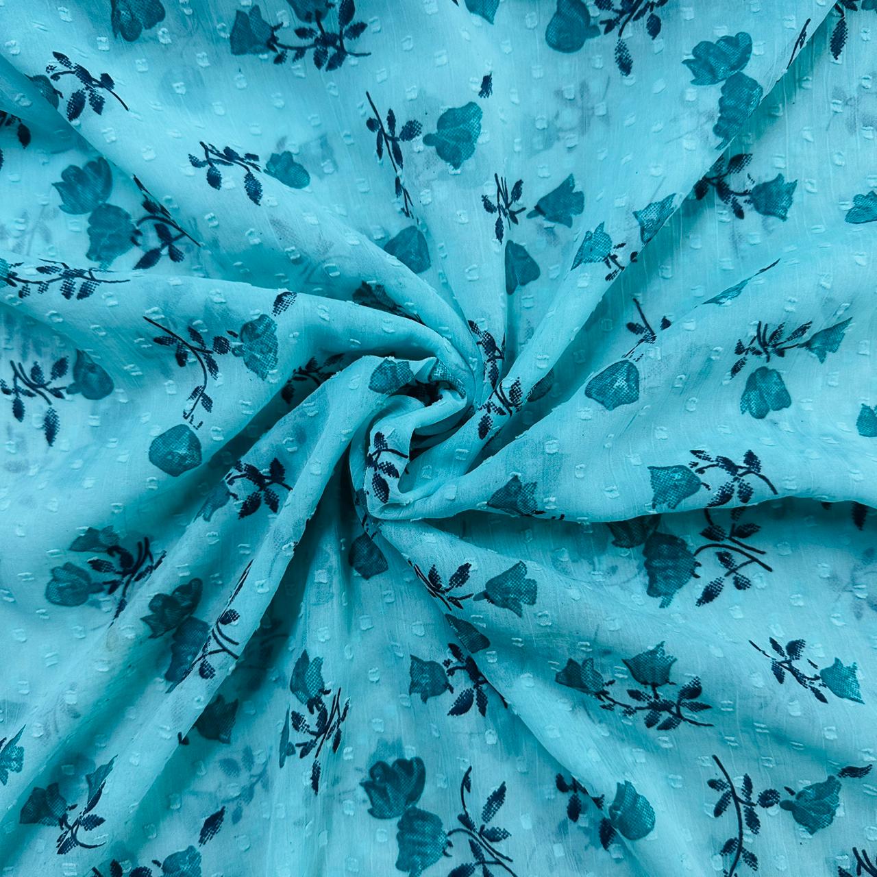 Sea Green with Green Floral Chiffon Dobby Fabric TU-6791
