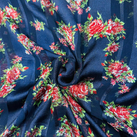 Dark Blue Stripe & Floral Chiffon Fabric TU-7562