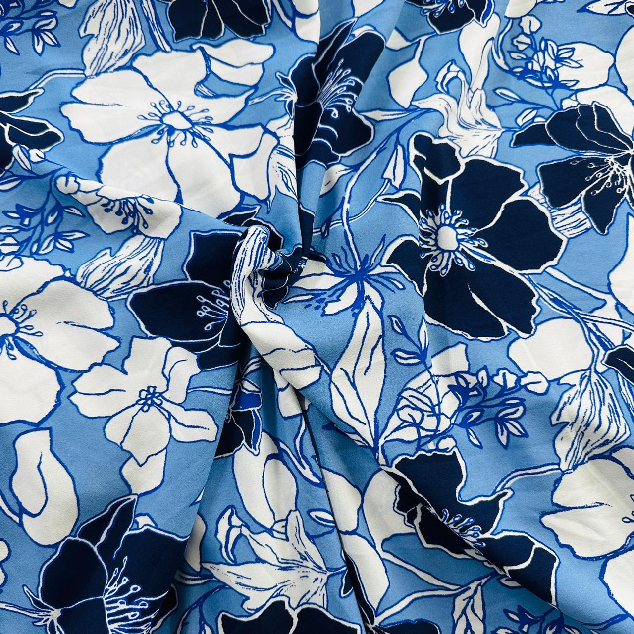 Blue & White Floral Print Crepe Fabric 12817