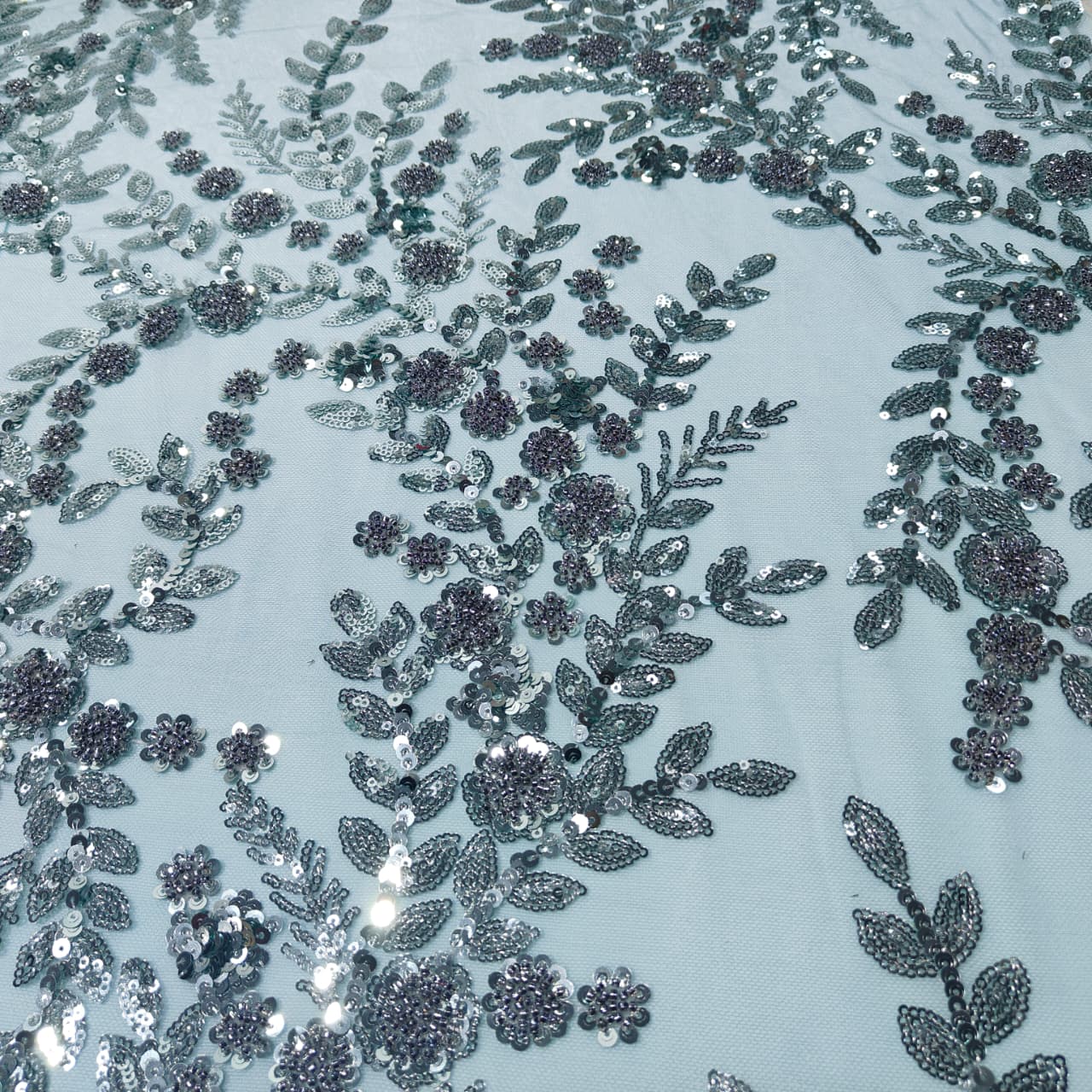 Grey Floral Sequence Handwork Embroidery Net Fabric AF-14519