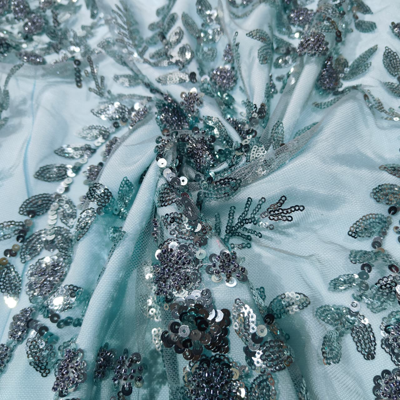 Grey Floral Sequence Handwork Embroidery Net Fabric AF-14519