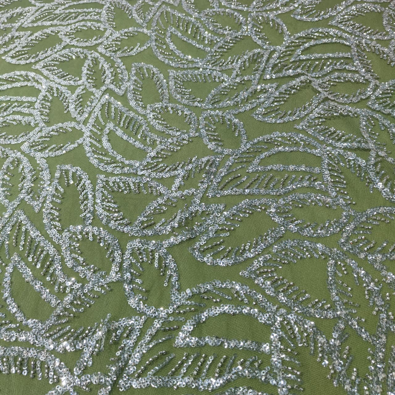Green With Silver Leaves Sequence Pearl Embroidery Net Fabric CF-14226
