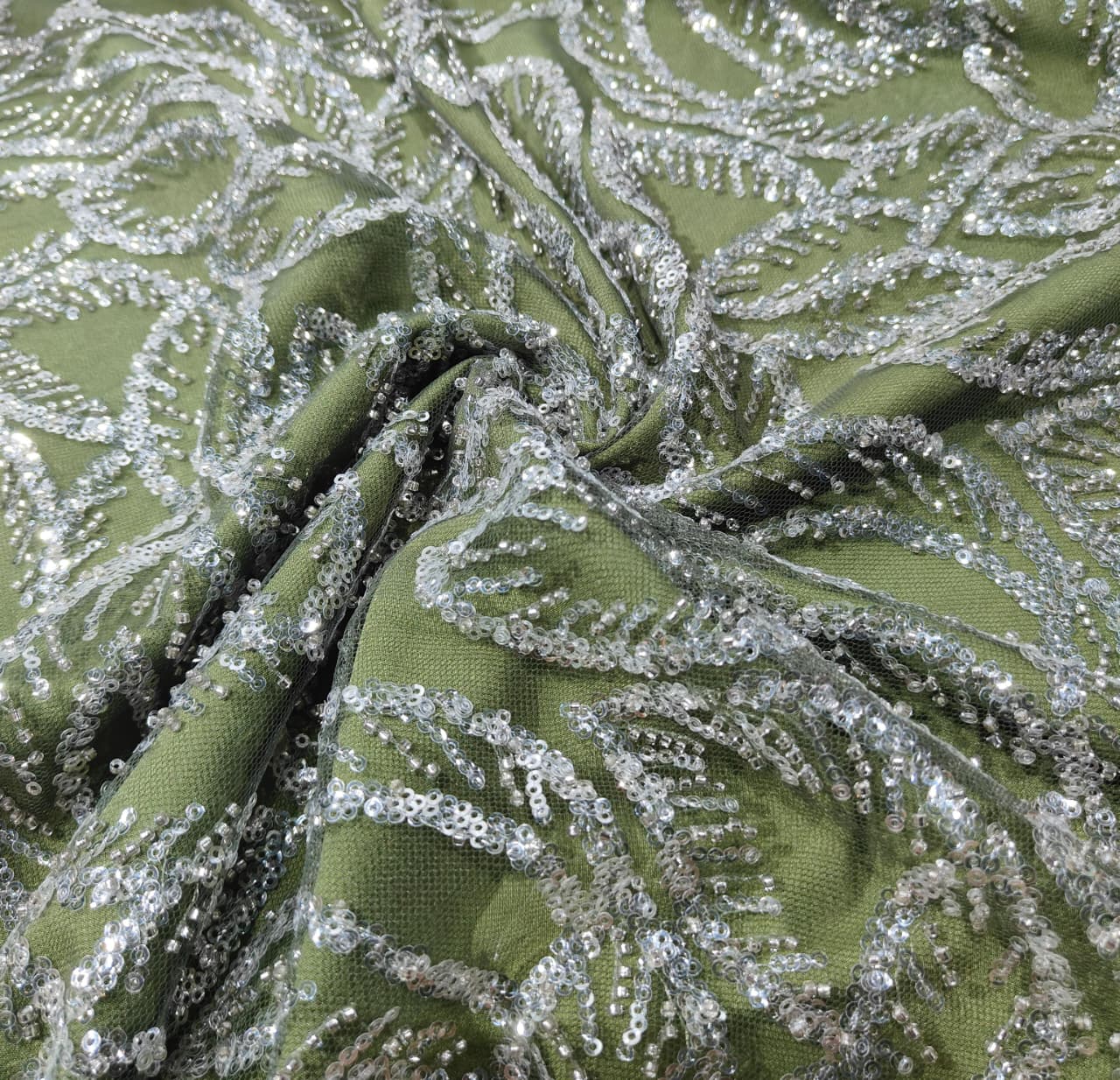 Green With Silver Leaves Sequence Pearl Embroidery Net Fabric CF-14226