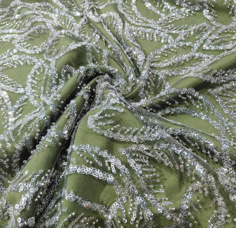 Green With Silver Leaves Sequence Pearl Embroidery Net Fabric CF-14226